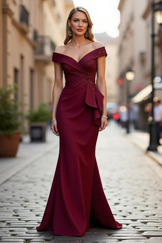 Sparkly Satin Burgundy Mermaid Long Mother of the Bride Dress with Beading