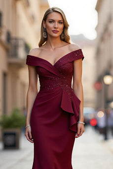 Sparkly Satin Burgundy Mermaid Long Mother of the Bride Dress with Beading