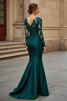 Mermaid Pine V-Neck Satin Long Mother of the Bride Dress with Appliques