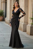 Load image into Gallery viewer, Black Mermaid Ruffled V-Neck Long Mother of the Bride Dress with Lace