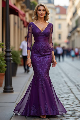 Mermaid Plum V-Neck Lace Long Mother of the Bride Dress with Sleeves