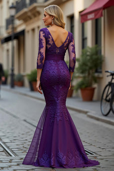 Mermaid Plum V-Neck Lace Long Mother of the Bride Dress with Sleeves