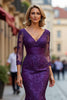 Load image into Gallery viewer, Mermaid Plum V-Neck Lace Long Mother of the Bride Dress with Sleeves