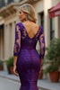 Load image into Gallery viewer, Mermaid Plum V-Neck Lace Long Mother of the Bride Dress with Sleeves