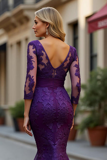 Mermaid Plum V-Neck Lace Long Mother of the Bride Dress with Sleeves