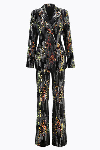 Sparkly Black Peak Lapel 2 Piece Sequin Women Prom Suits