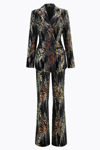 Sparkly Black Peak Lapel 2 Piece Sequin Women Prom Suits