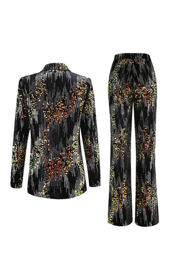 Sparkly Black Peak Lapel 2 Piece Sequin Women Prom Suits