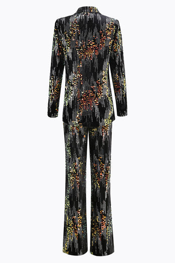 Sparkly Black Peak Lapel 2 Piece Sequin Women Prom Suits