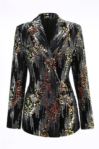 Sparkly Black Peak Lapel 2 Piece Sequin Women Prom Suits