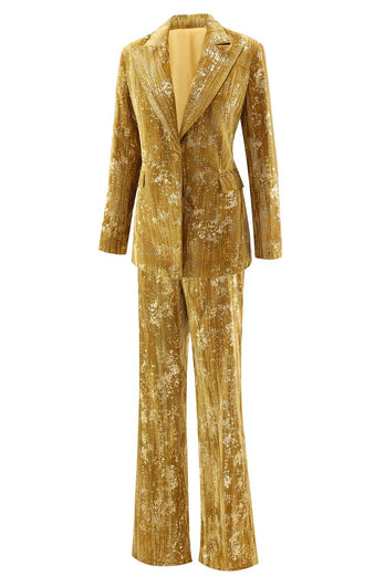 Sparkly Yellow 2 Piece Jacquard Peak Lapel One Button Women Prom Homecoming Suits