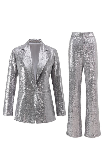 Sparkly Silver Sequin Notched Lapel 2 Piece Women Prom Suits