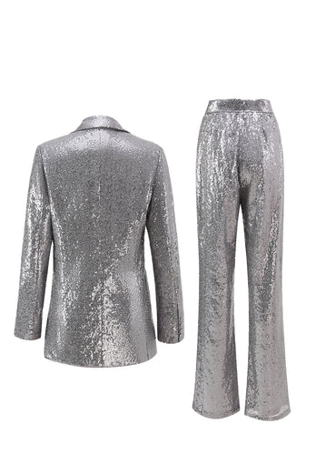 Sparkly Silver Sequin Notched Lapel 2 Piece Women Prom Suits