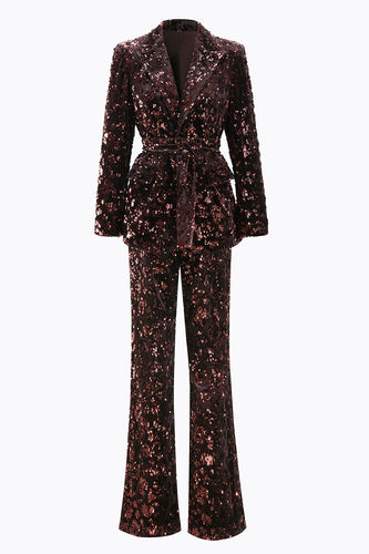 2 Piece Sparkly Coffee Peak Lapel Sequin Women Prom Suits with Sash