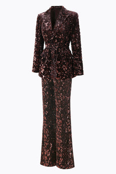 2 Piece Sparkly Coffee Peak Lapel Sequin Women Prom Suits with Sash