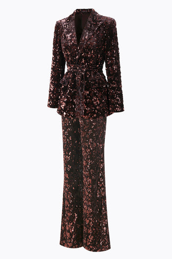 2 Piece Sparkly Coffee Peak Lapel Sequin Women Prom Suits with Sash