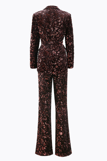 2 Piece Sparkly Coffee Peak Lapel Sequin Women Prom Suits with Sash