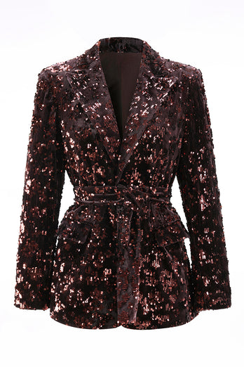 2 Piece Sparkly Coffee Peak Lapel Sequin Women Prom Suits with Sash