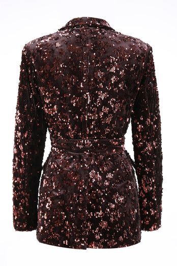 2 Piece Sparkly Coffee Peak Lapel Sequin Women Prom Suits with Sash