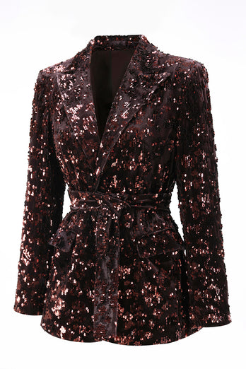 2 Piece Sparkly Coffee Peak Lapel Sequin Women Prom Suits with Sash