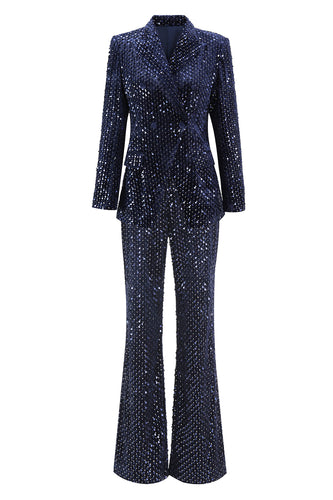 2 Piece Sparkly Navy Sequin Peak Lapel Women Prom Suits