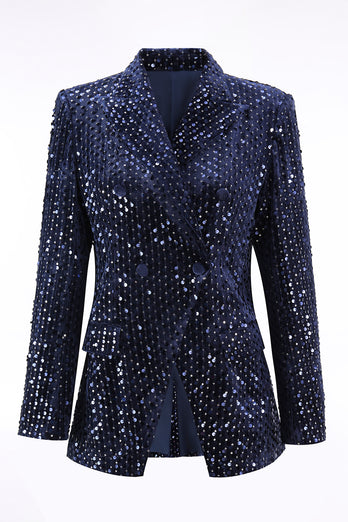 2 Piece Sparkly Navy Sequin Peak Lapel Women Prom Suits