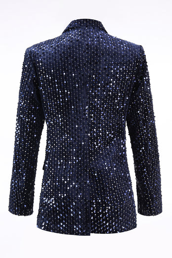 2 Piece Sparkly Navy Sequin Peak Lapel Women Prom Suits