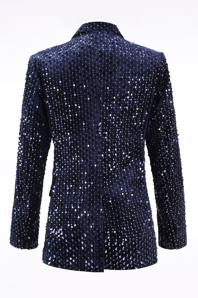 Load image into Gallery viewer, 2 Piece Sparkly Navy Sequin Peak Lapel Women Prom Suits