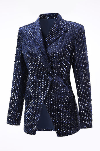 2 Piece Sparkly Navy Sequin Peak Lapel Women Prom Suits