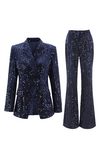 2 Piece Sparkly Navy Sequin Peak Lapel Women Prom Suits