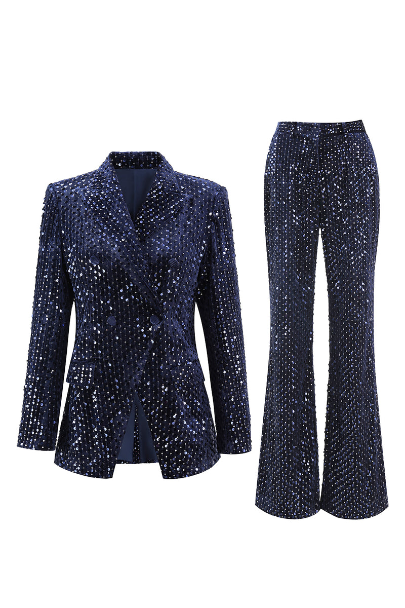 Load image into Gallery viewer, 2 Piece Sparkly Navy Sequin Peak Lapel Women Prom Suits