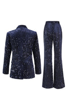 Load image into Gallery viewer, 2 Piece Sparkly Navy Sequin Peak Lapel Women Prom Suits