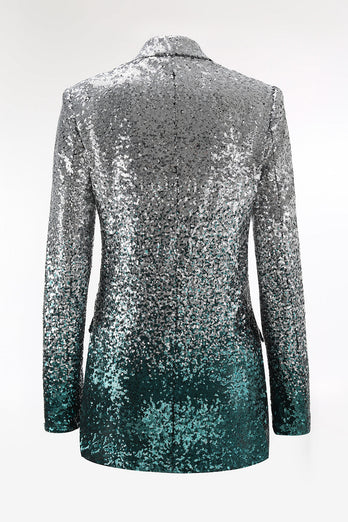 Sparkly Silver and Peacock 2 Piece Sequin Peak Lapel Women Prom Suits
