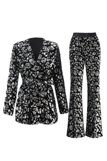 Sparkly Black Sequin 2 Piece Women Prom Suits with Sash
