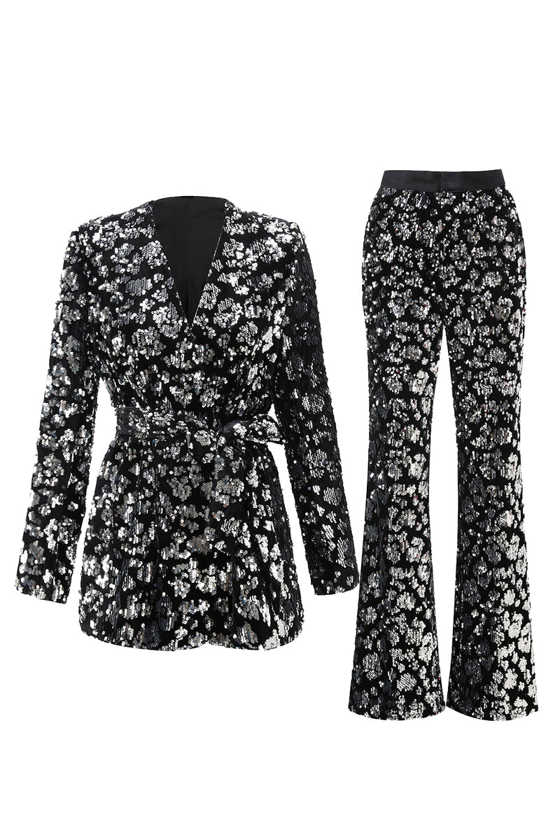 Load image into Gallery viewer, Sparkly Black Sequin 2 Piece Women Prom Suits with Sash
