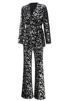 Sparkly Black Sequin 2 Piece Women Prom Suits with Sash