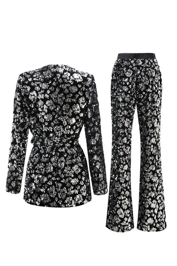 Sparkly Black Sequin 2 Piece Women Prom Suits with Sash