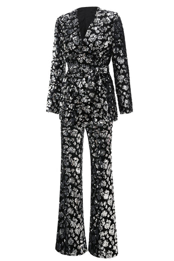 Sparkly Black Sequin 2 Piece Women Prom Suits with Sash