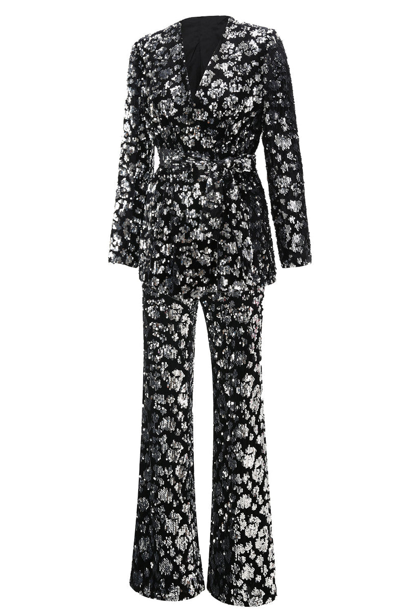 Load image into Gallery viewer, Sparkly Black Sequin 2 Piece Women Prom Suits with Sash