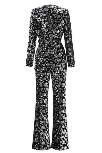 Sparkly Black Sequin 2 Piece Women Prom Suits with Sash