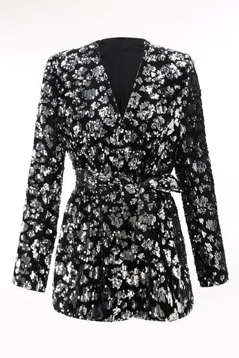 Sparkly Black Sequin 2 Piece Women Prom Suits with Sash