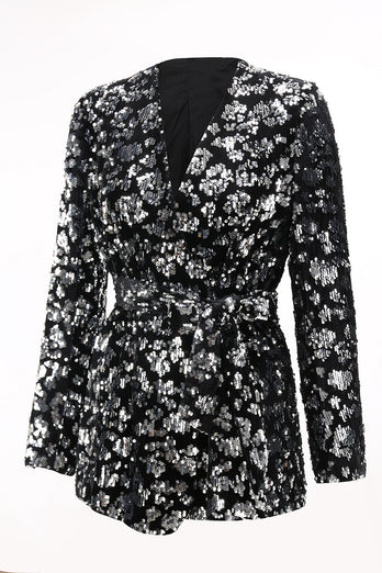 Sparkly Black Sequin 2 Piece Women Prom Suits with Sash