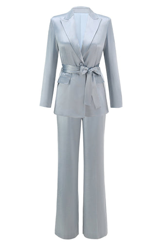 2 Piece Dusty Blue Satin Peak Lapel Women Prom Suits with Sash