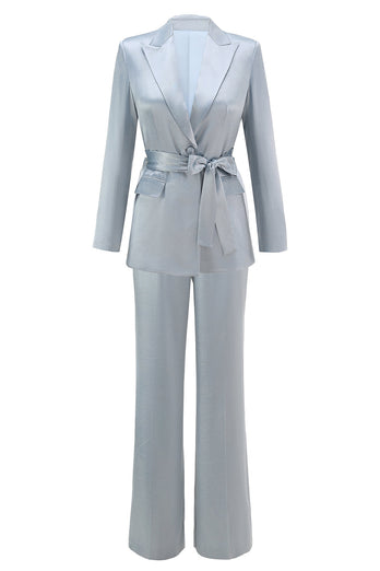 2 Piece Dusty Blue Satin Peak Lapel Women Prom Suits with Sash