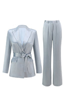 Load image into Gallery viewer, 2 Piece Dusty Blue Satin Peak Lapel Women Prom Suits with Sash
