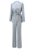Load image into Gallery viewer, 2 Piece Dusty Blue Satin Peak Lapel Women Prom Suits with Sash