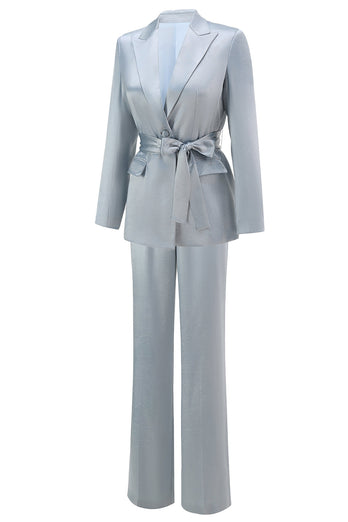 2 Piece Dusty Blue Satin Peak Lapel Women Prom Suits with Sash