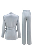 Load image into Gallery viewer, 2 Piece Dusty Blue Satin Peak Lapel Women Prom Suits with Sash