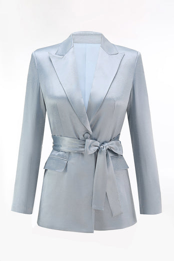 2 Piece Dusty Blue Satin Peak Lapel Women Prom Suits with Sash