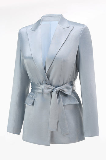2 Piece Dusty Blue Satin Peak Lapel Women Prom Suits with Sash